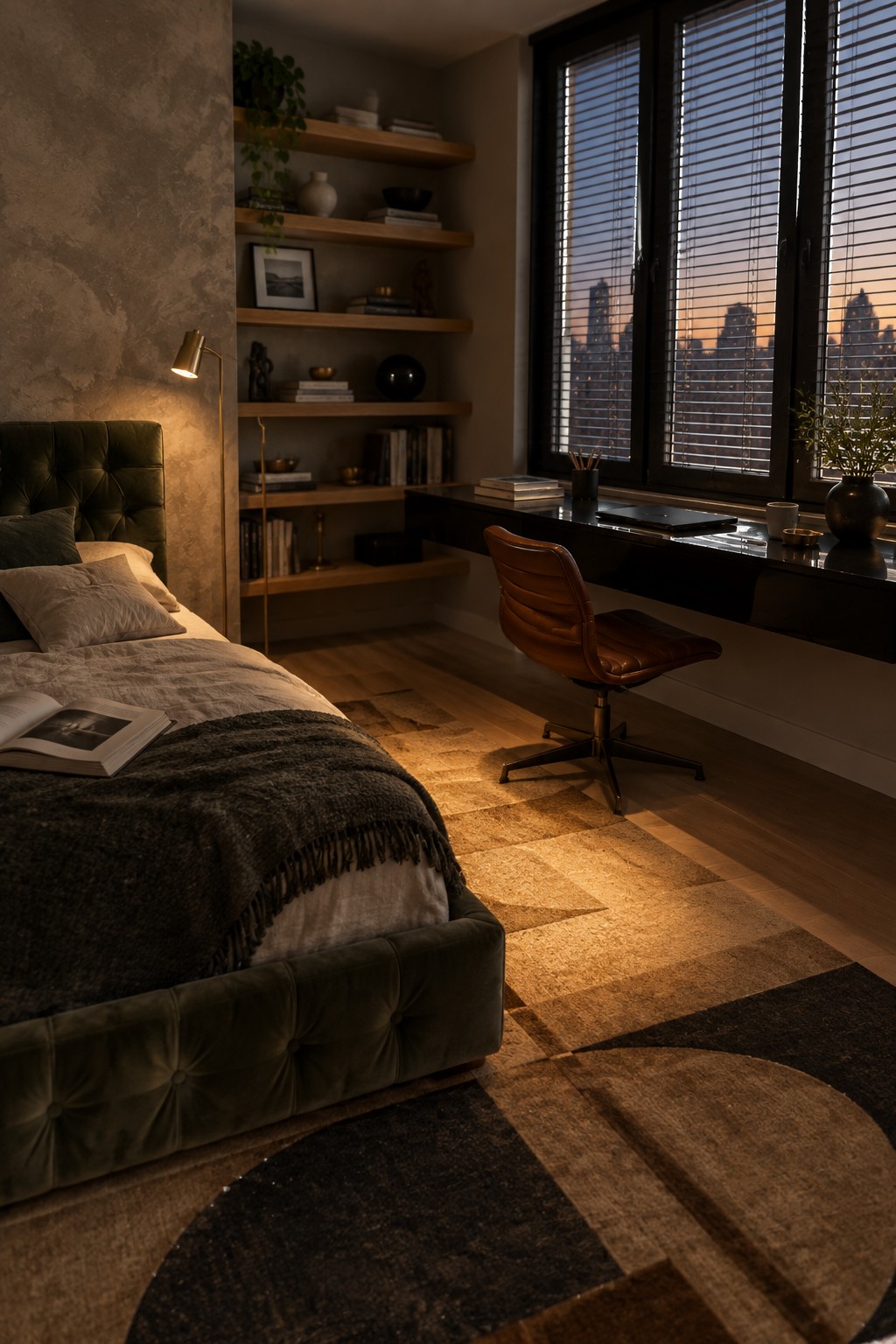 A bedroom with a green tufted bed holding an open book, a brown leather office chair at a black desk beneath large windows, and wooden shelves mounted on the wall.
