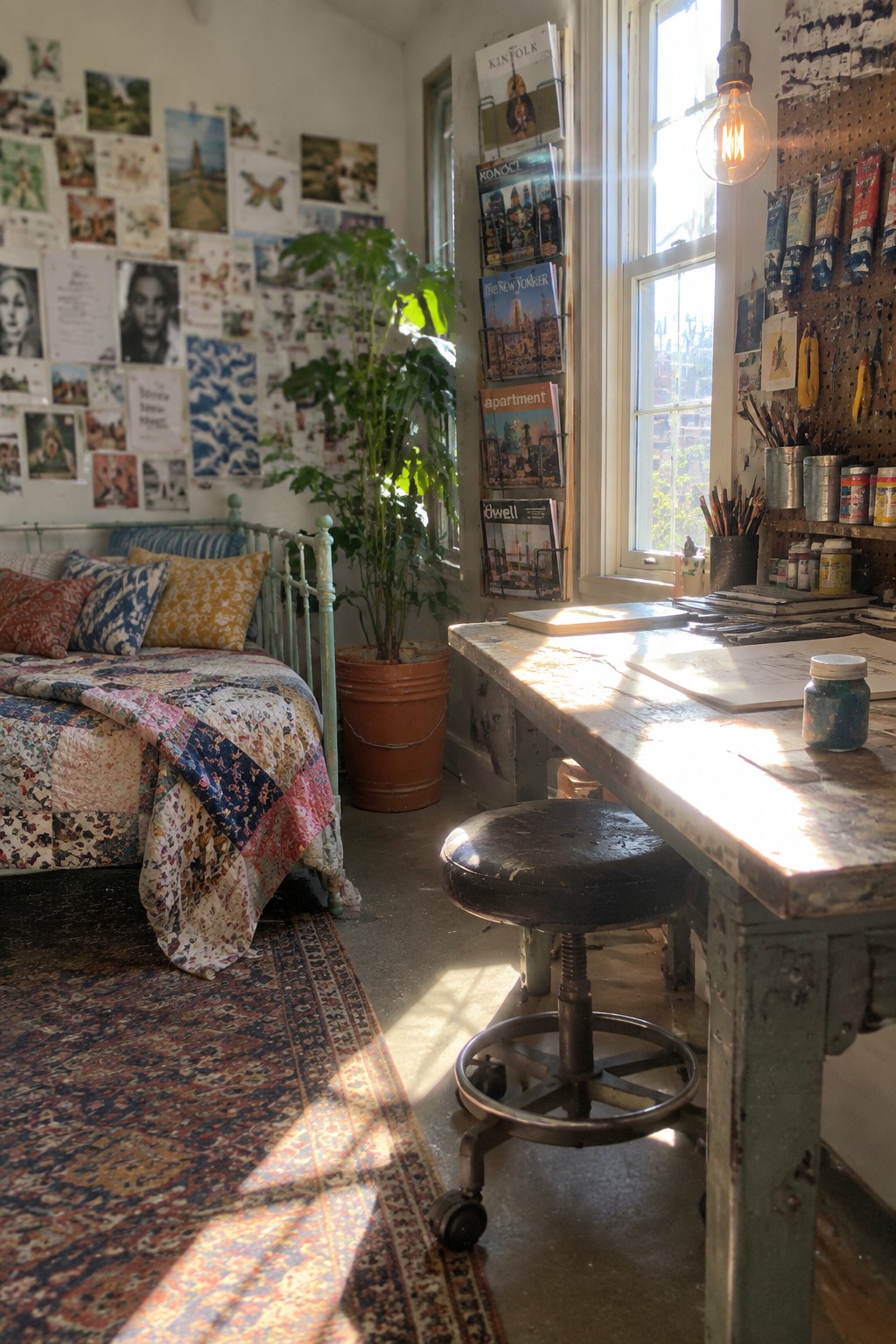 A sunlit bedroom with a patchwork quilt bed, a large wooden desk holding art supplies, a rolling stool, and a tall potted plant near two windows.