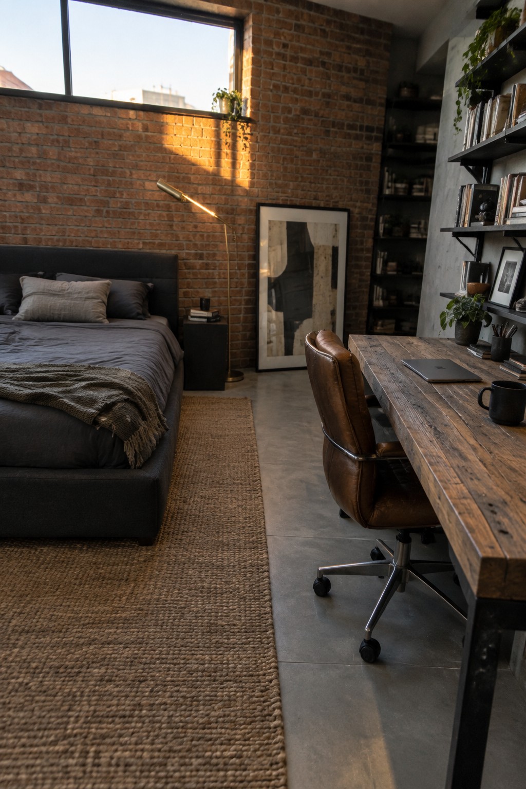 A bedroom interior with a dark upholstered bed on a woven rug and a rustic wooden desk with a brown leather office chair positioned against a brick wall.