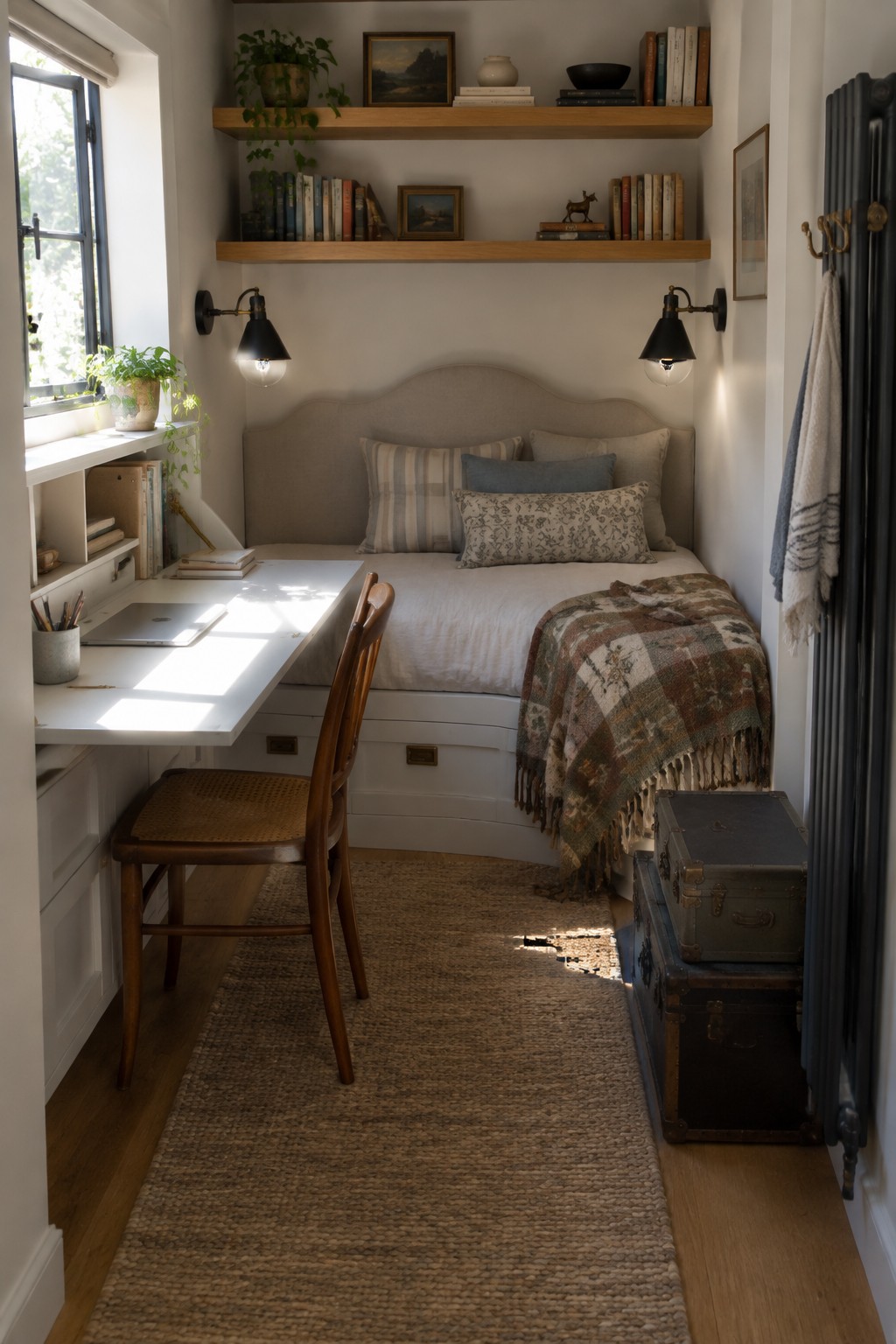 A small bedroom with a built-in bed featuring white storage drawers underneath, a white desk to the left, wooden wall shelves above, and a woven rug on the floor.