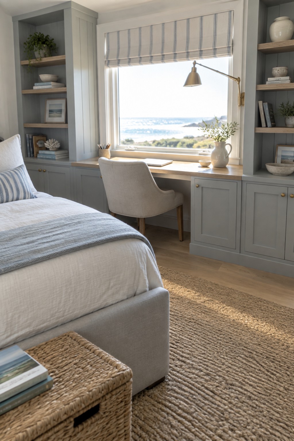 Bedroom interior with a built-in desk and gray shelving units under a large window, a light upholstered chair at the desk, and part of a bed visible in the foreground.