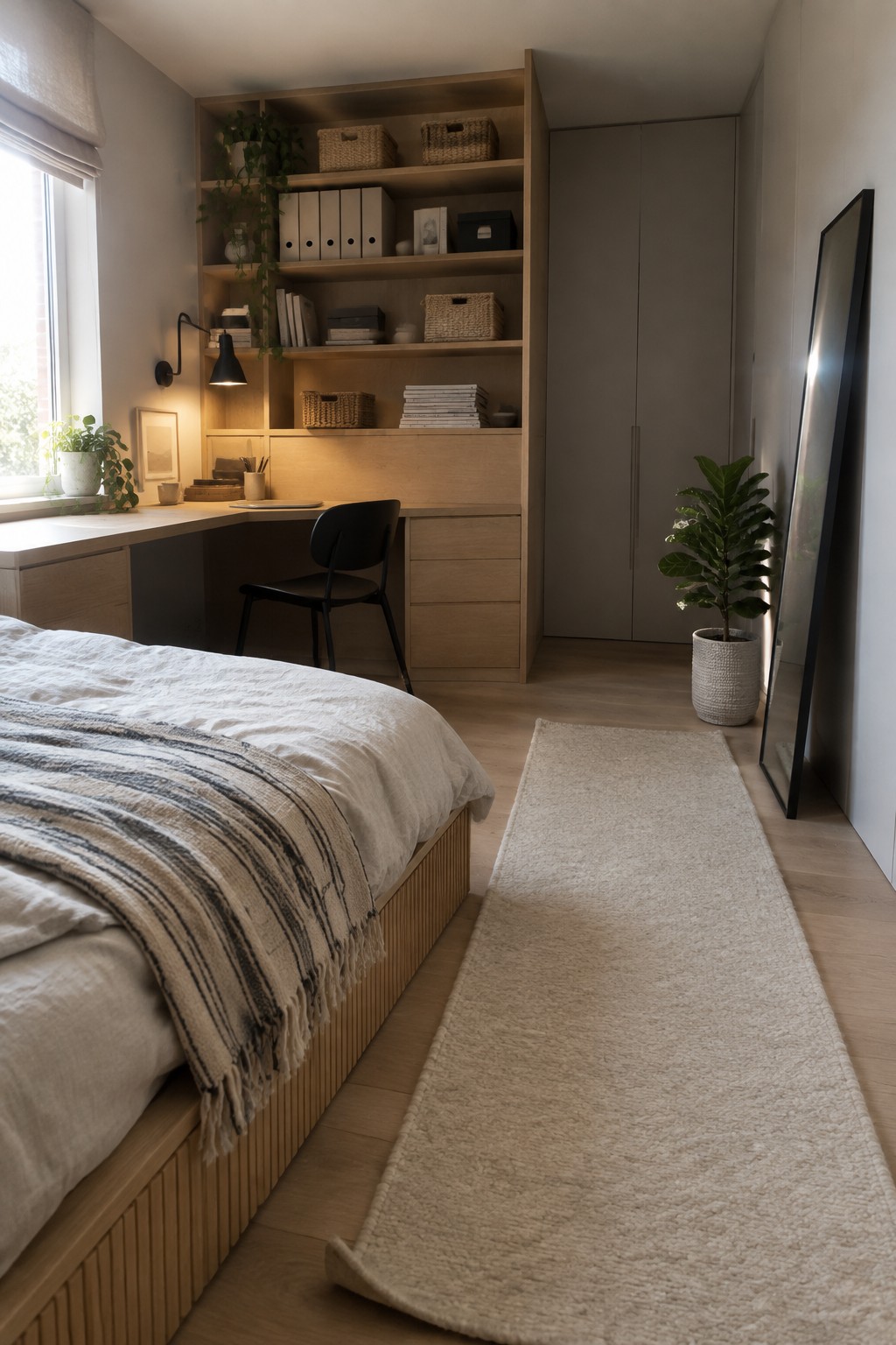 Minimalist bedroom with built-in oak desk, white bedding, beige runner rug, and plants