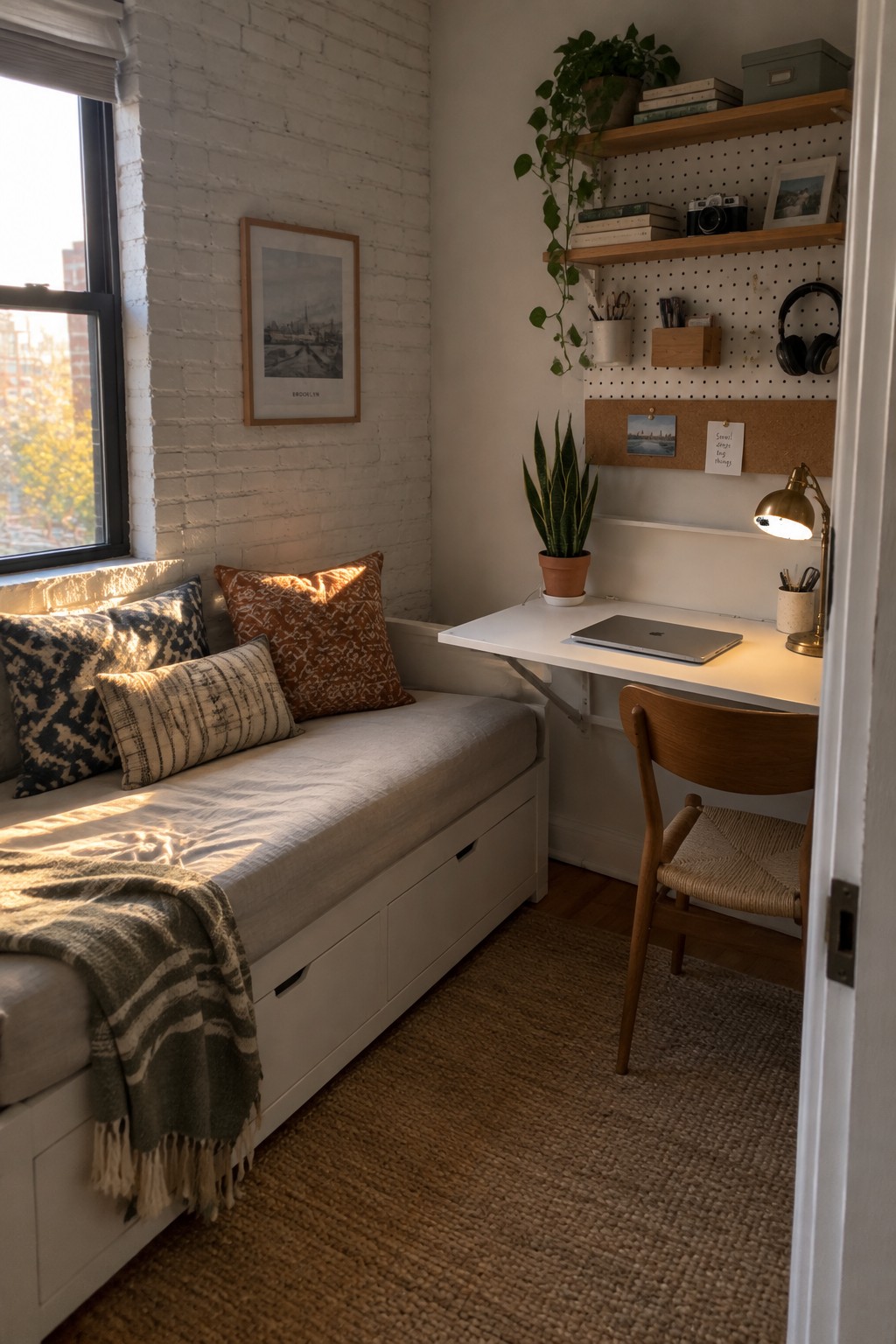 A small bedroom with a gray daybed on the left and a white wall-mounted desk with a wooden chair on the right, under wooden shelves.