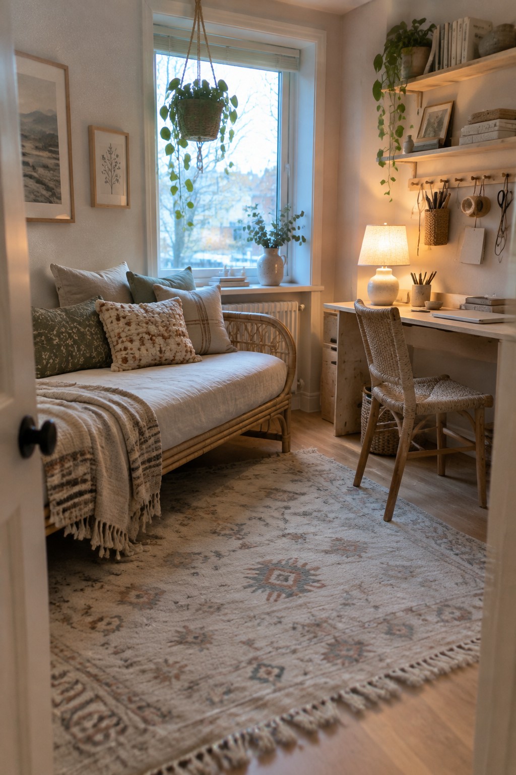 A bedroom interior showing a rattan daybed with pillows and a throw blanket on the left, a wooden desk with a woven chair on the right, a large patterned rug on the wood floor, and a window with hanging plants between them.