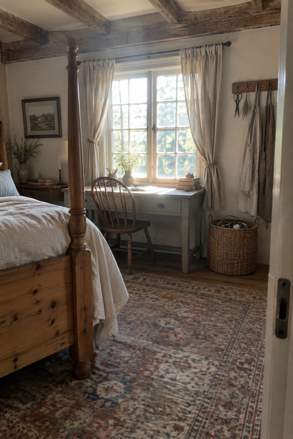 A bedroom interior showing a light blue desk positioned under a window with sheer curtains, a wooden spindle chair, part of a wooden four-poster bed, and a patterned rug on the floor.