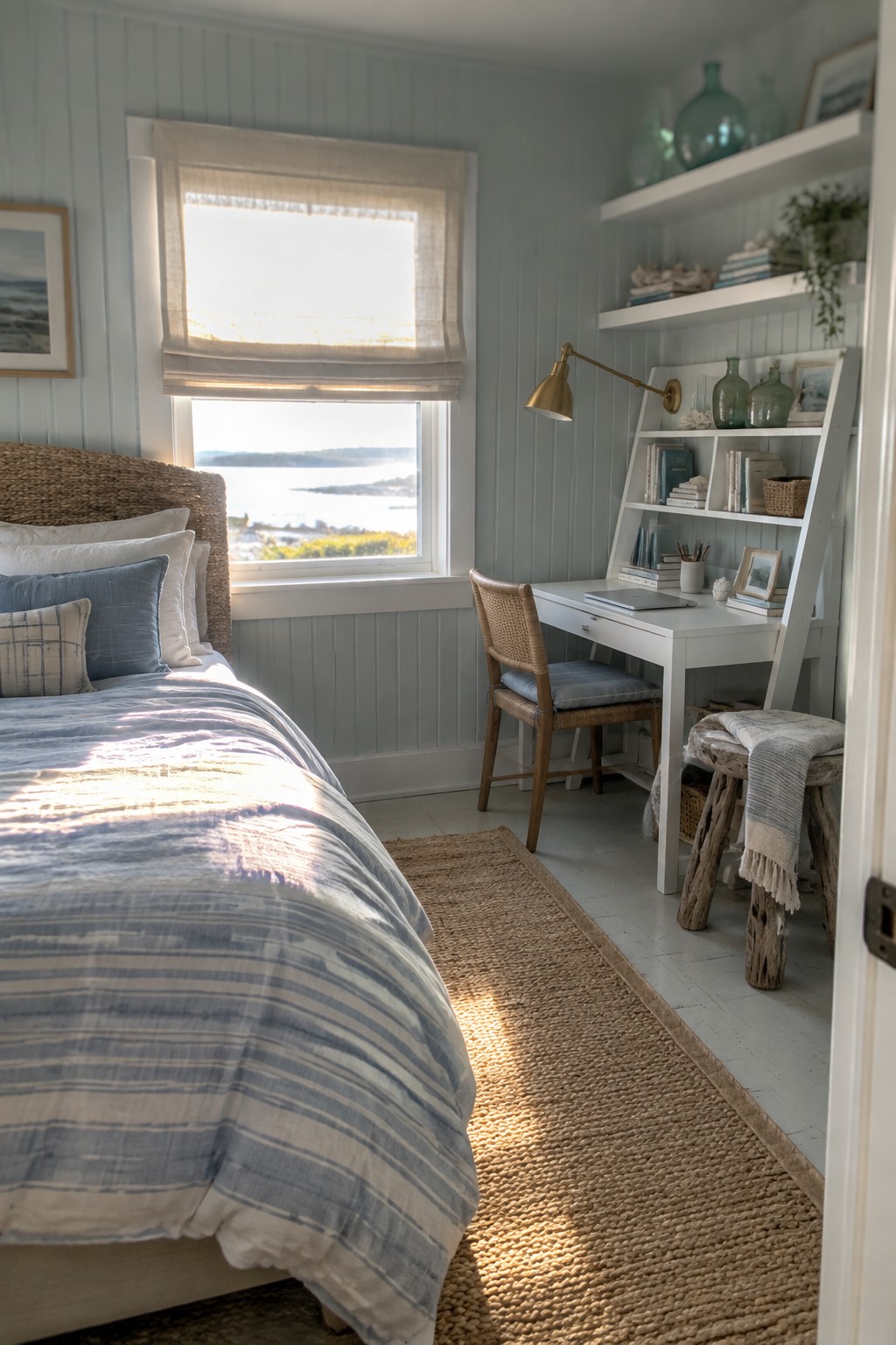 Cozy coastal bedroom with striped bedding, white desk, jute rug, and sea view.