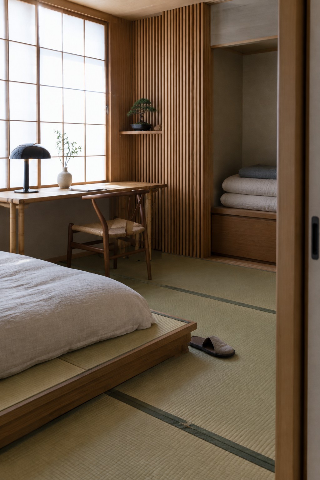 A bedroom interior with tatami mats shows a low wooden bed on the left, a simple wooden desk and chair positioned by a large shoji screen window, and built-in wall storage holding folded bedding on the right.