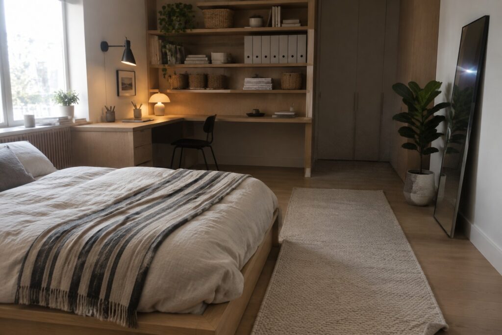20 Bedroom Home Office Furniture Ideas for Dual-Purpose Rooms Minimalist bedroom with built-in oak desk, white bedding, beige runner rug, and plants