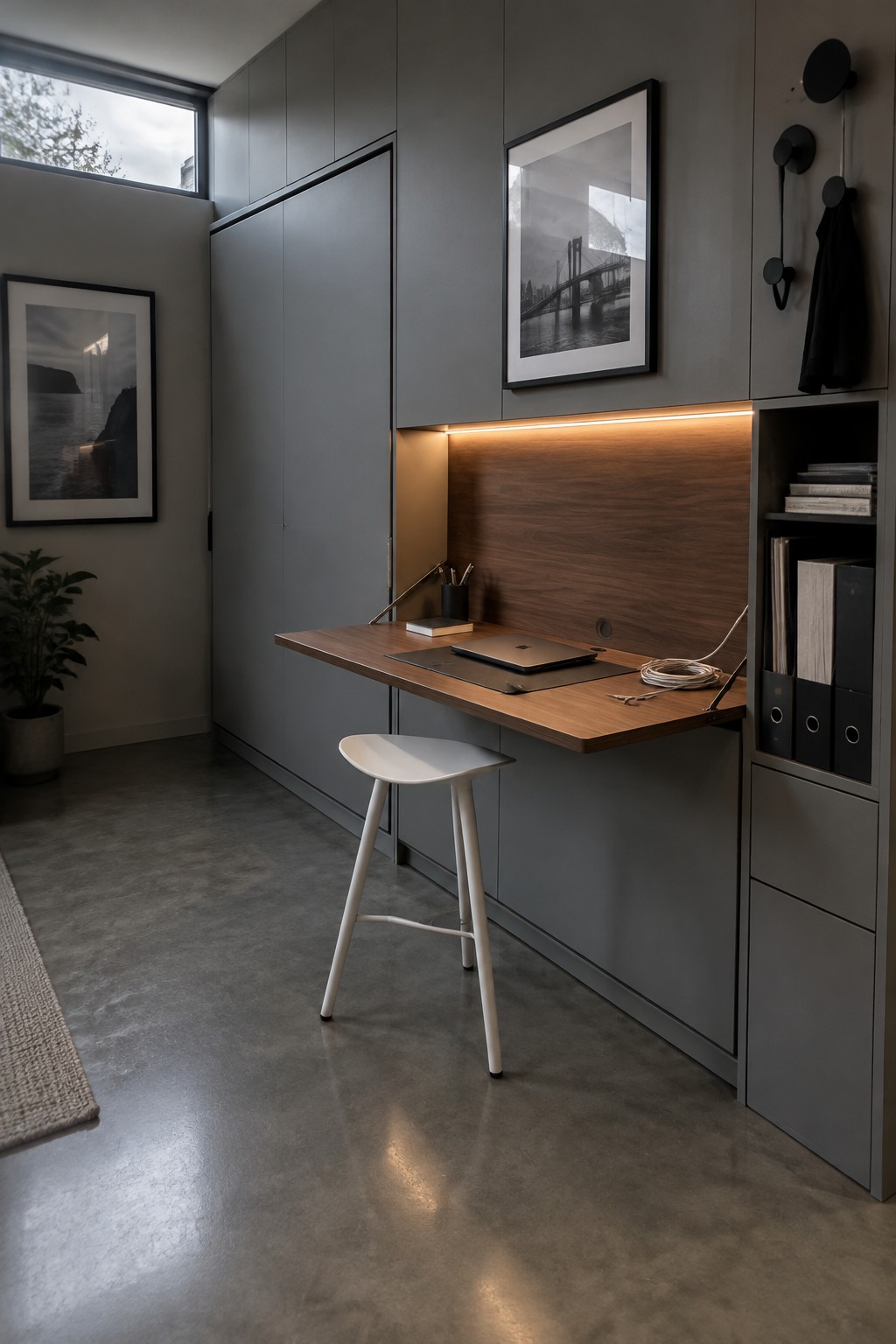 A fold-down wooden desk extended from gray built-in cabinets in a modern room, with a white stool, laptop, and office supplies on the surface.