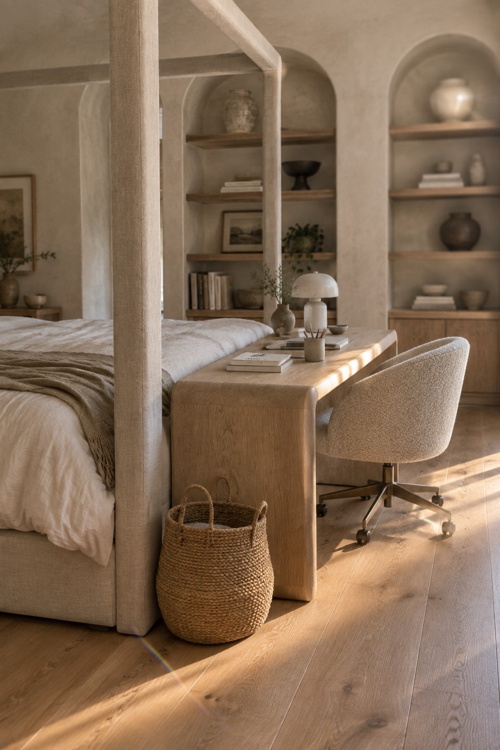Minimalist bedroom with oak desk, boucle chair, woven basket, and arched shelves in neutral tones