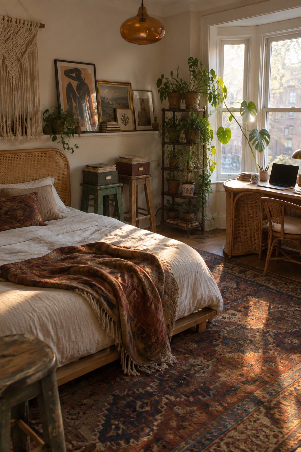 Sunlit bohemian bedroom with bed, plants, rattan desk, and colorful rug.