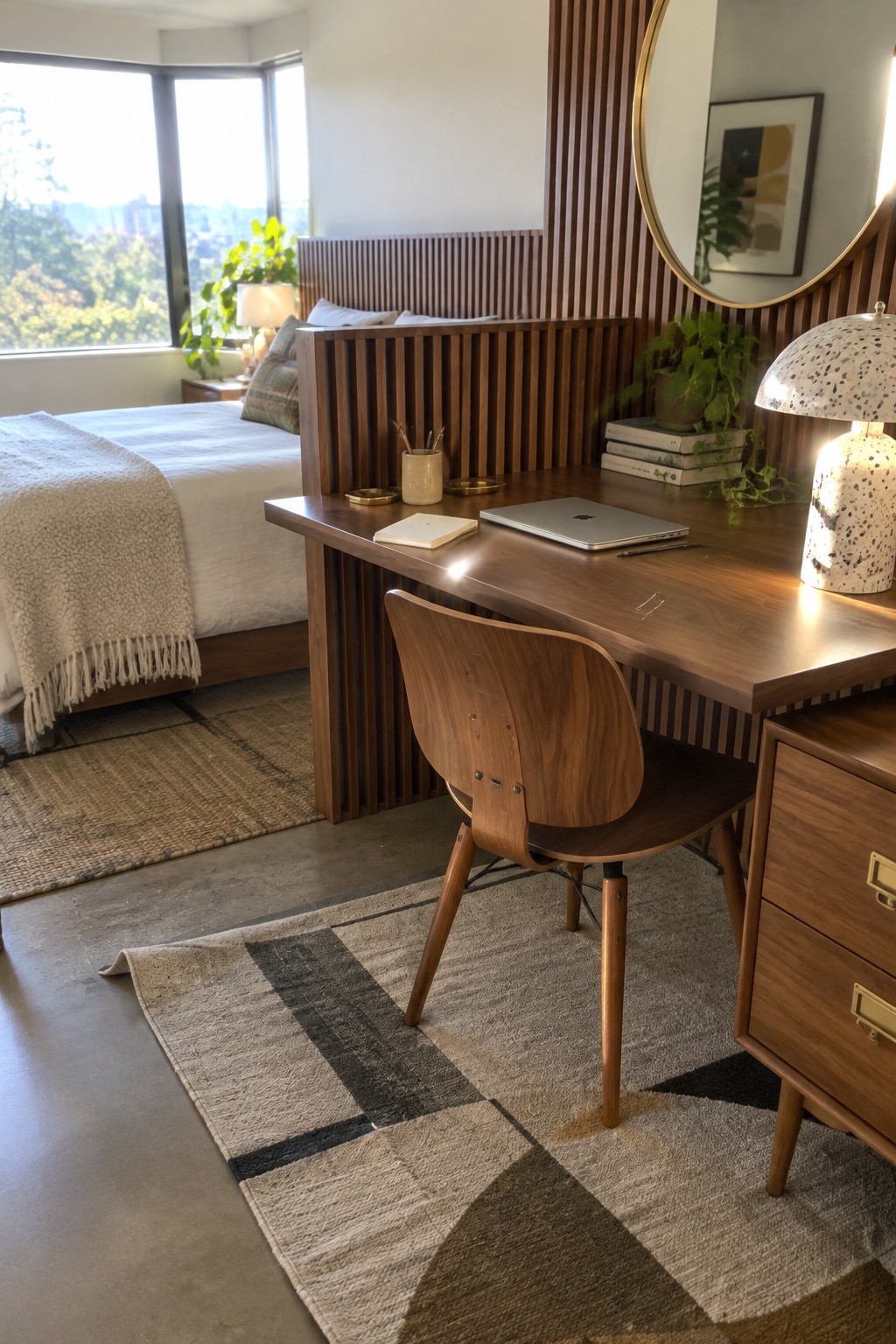 A bedroom interior showing a wooden desk with a laptop and chair positioned beside a bed, separated by a vertical wood slat divider that also functions as a headboard.