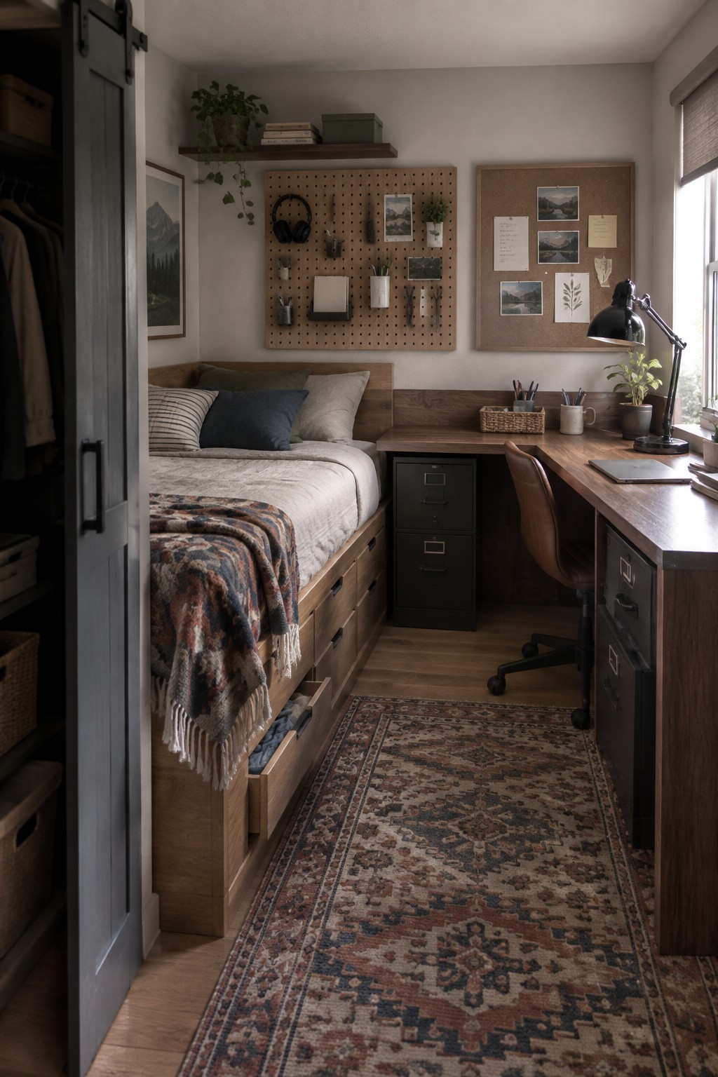 A compact bedroom featuring a wooden storage bed with open drawers, a desk with brown chair and black filing cabinet, pegboard and corkboard on the wall, and a patterned rug on the floor.