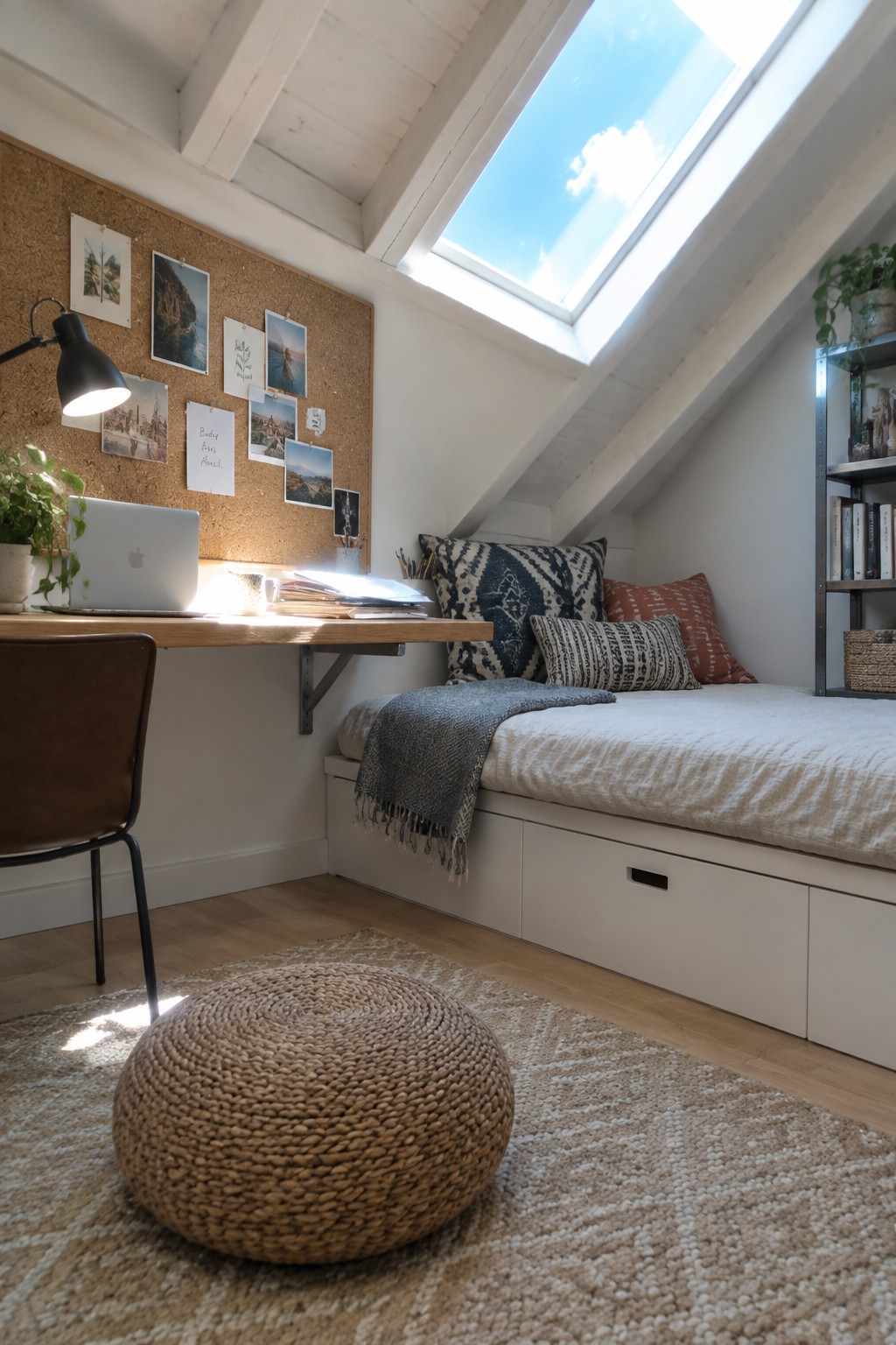 Cozy attic nook with desk, laptop, corkboard, daybed, woven pouf, and skylight