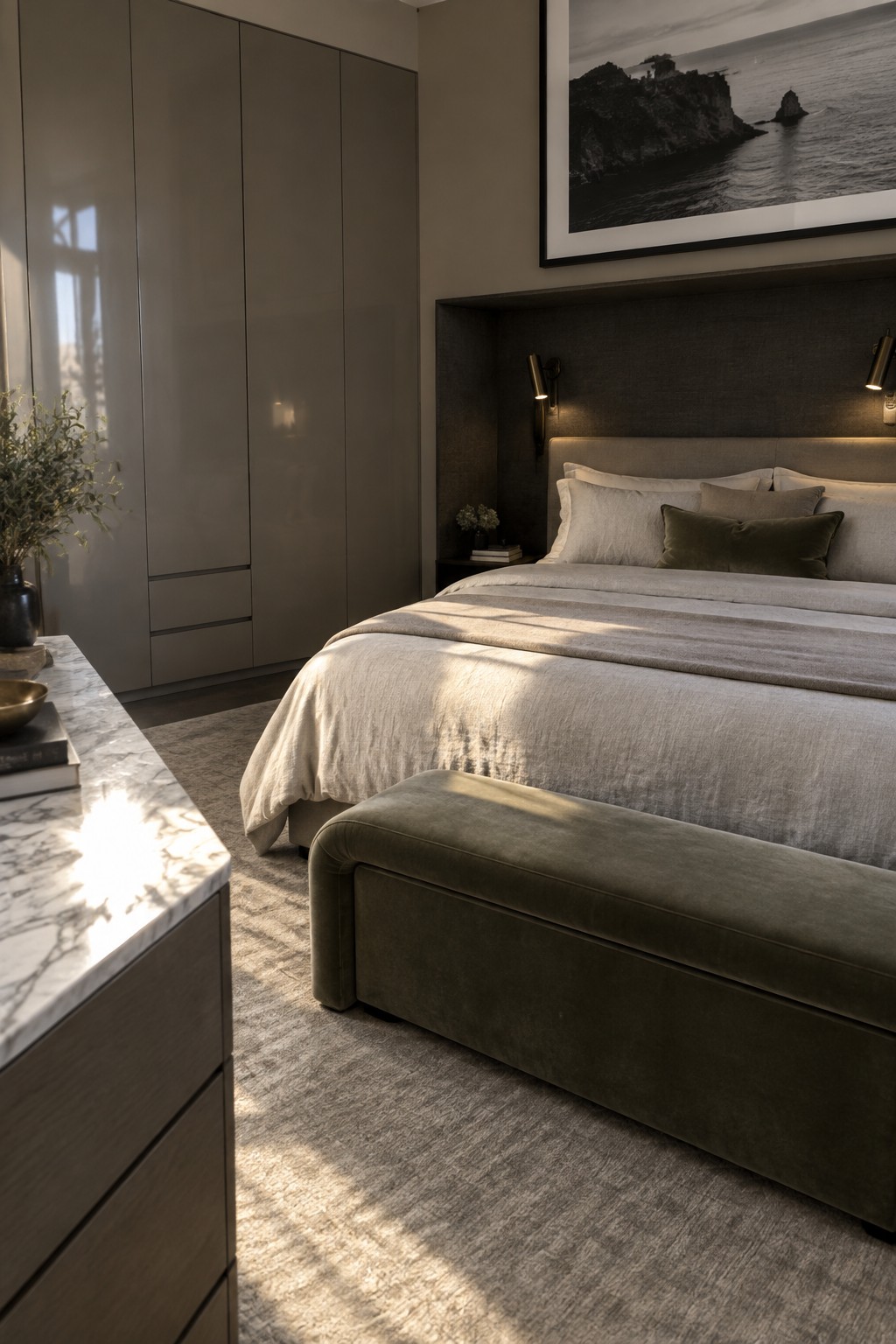 A bedroom with built-in wardrobes on the left, a bed with a storage bench at the foot, and a marble dresser in the foreground.