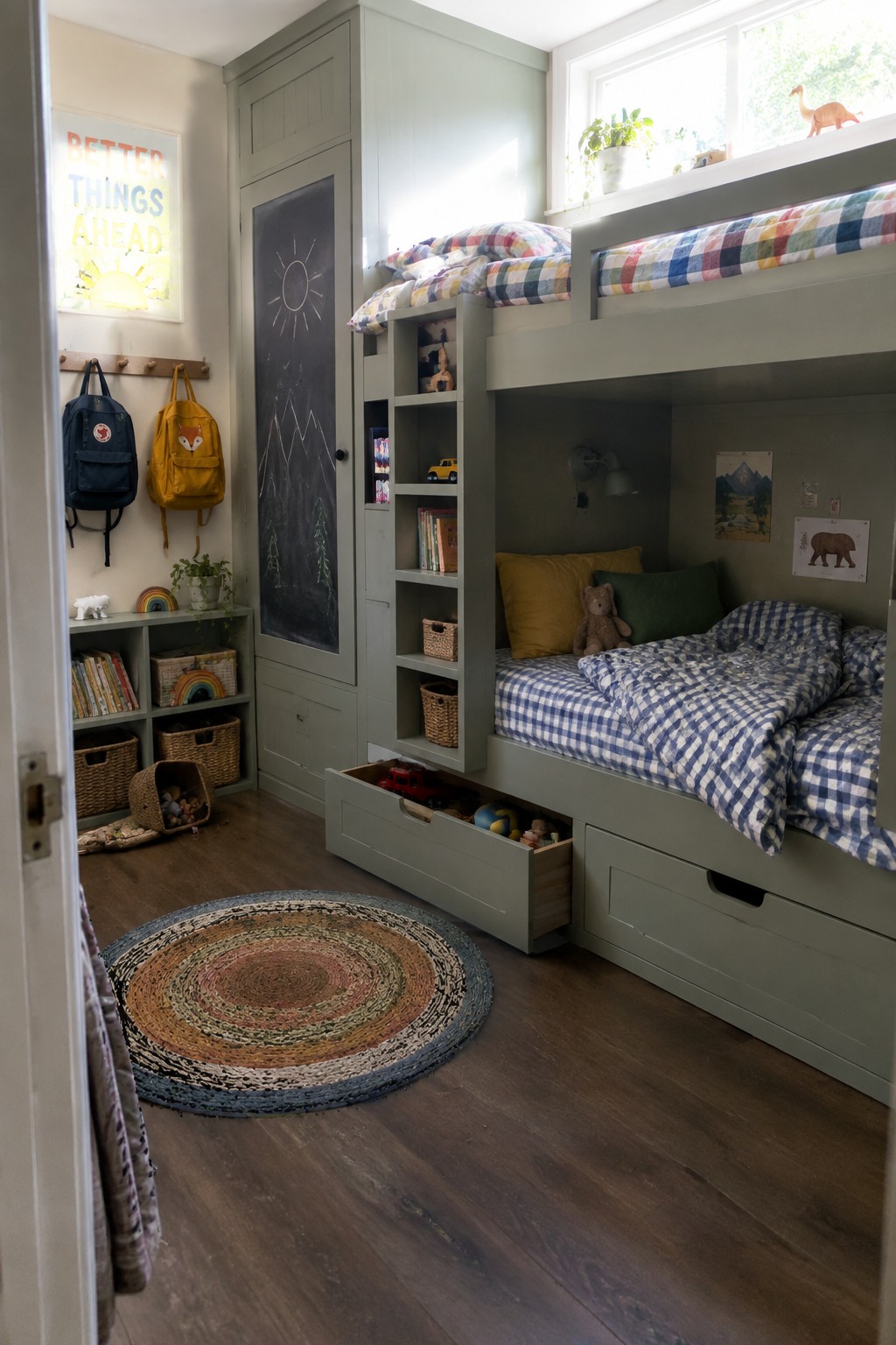 A child's bedroom with sage green built-in bunk beds featuring under-bed drawers, side shelves, and a tall wardrobe, plus a round woven rug on dark wood flooring.