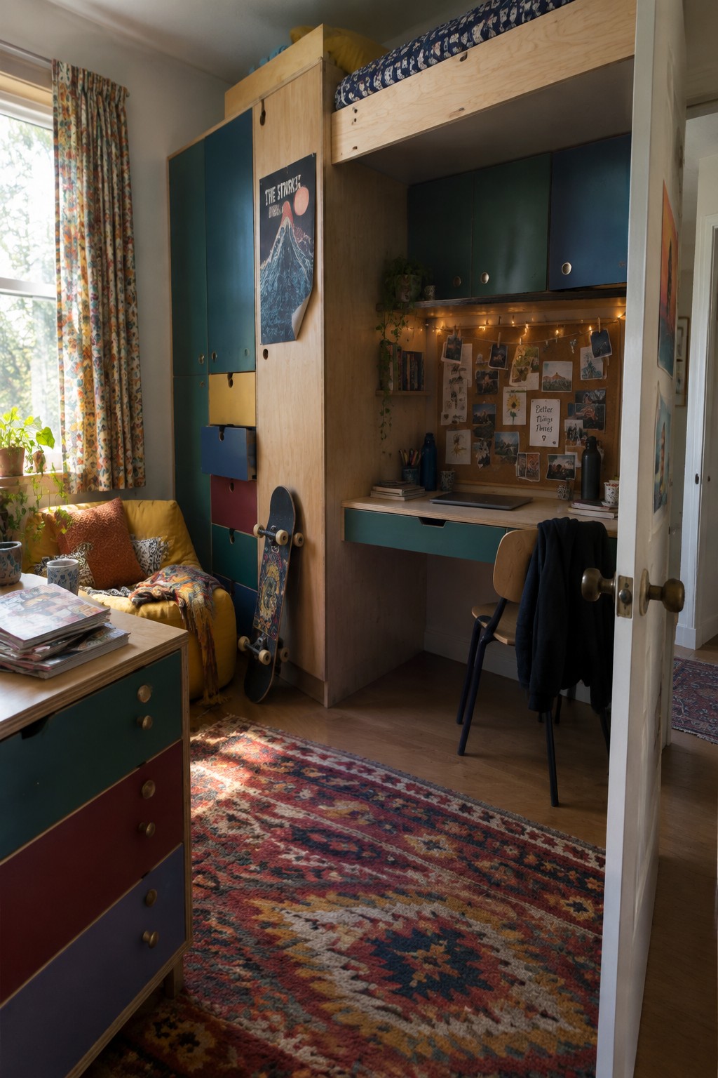 A compact bedroom featuring a wooden loft bed above a built-in desk, with teal and multicolored storage cabinets, drawers, and a skateboard leaning against the unit.