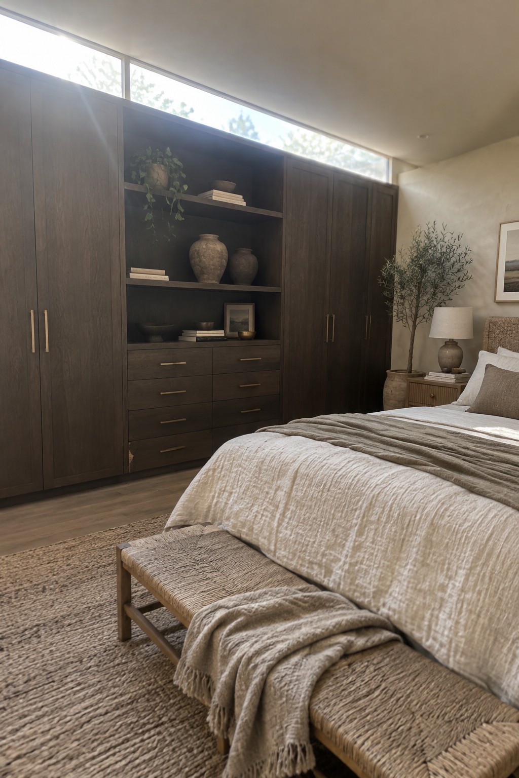 A bedroom featuring dark wood built-in wardrobes with drawers below and open shelves holding books and vases, next to a bed with neutral linens.
