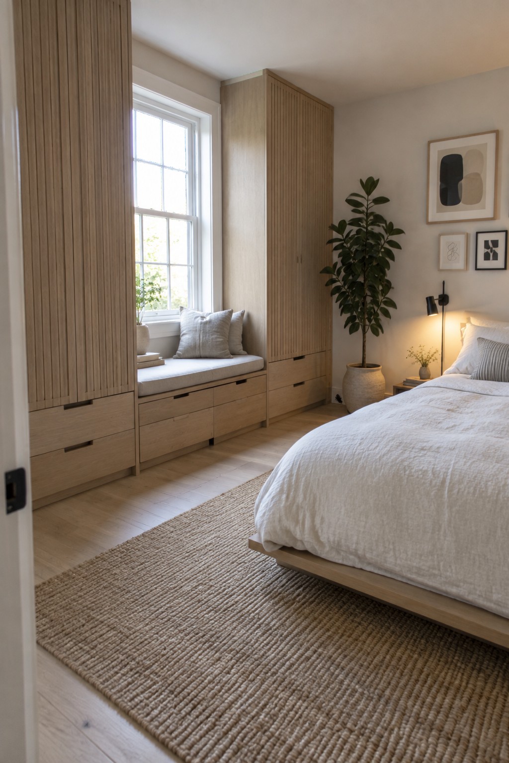 Minimalist bedroom with light oak built-ins, window seat, white platform bed, and jute rug