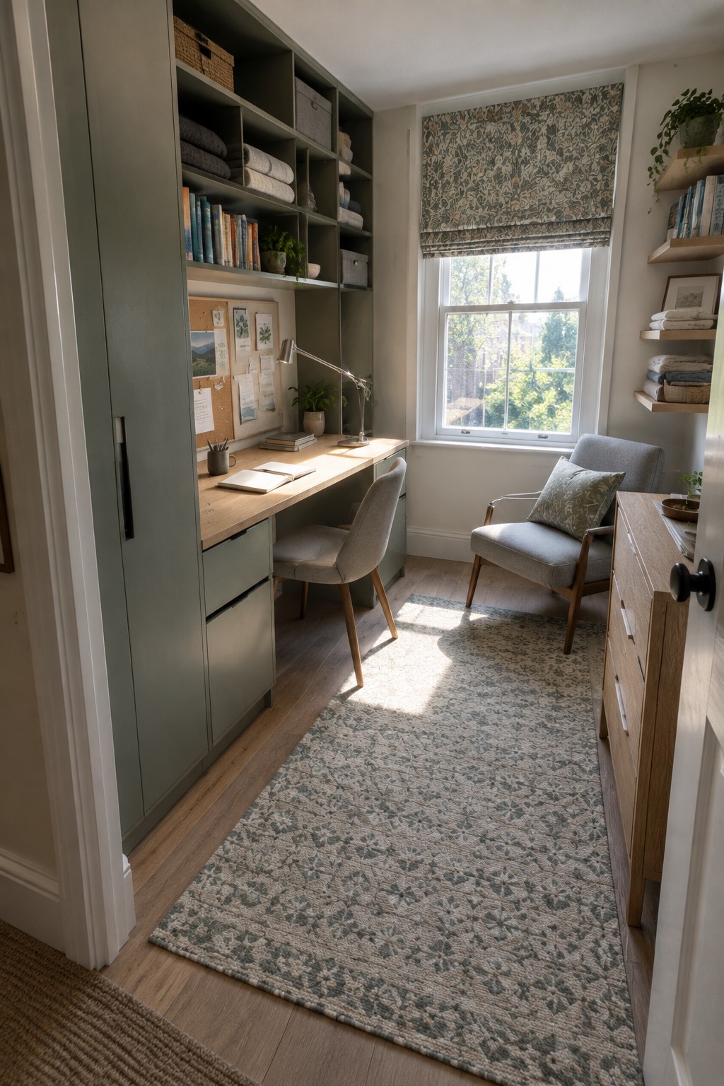 A bedroom featuring built-in sage green cabinetry with open shelves, a wooden desk, drawers, and a wardrobe door, positioned beside a window with a patterned blind.