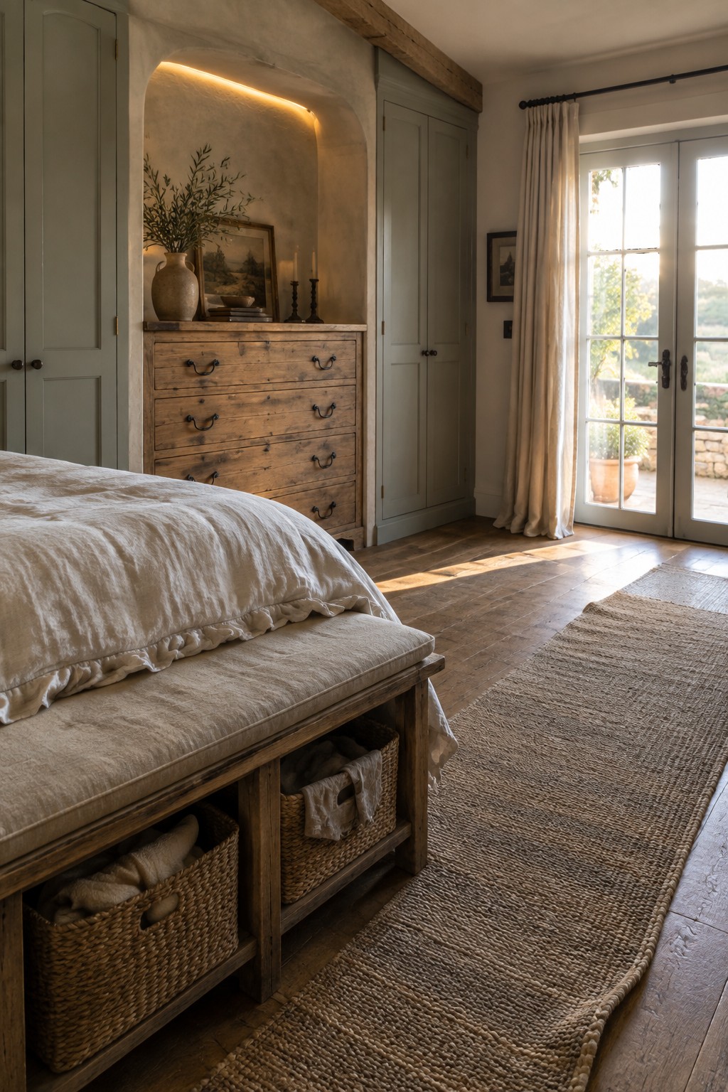 A bedroom interior showing light green built-in wardrobes flanking a wooden chest of drawers set in an arched alcove, with a linen-covered bench holding woven storage baskets at the foot of the bed.