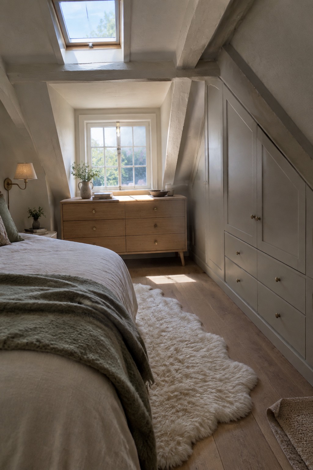 Cozy attic bedroom with sloped ceiling, built-in gray wardrobe, wooden dresser, and fluffy rug.