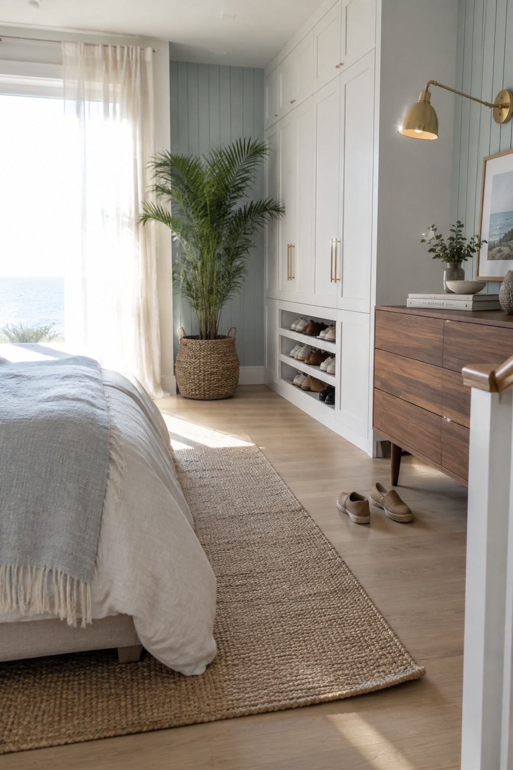 A bright bedroom with white built-in wardrobes featuring open lower shelves holding shoes, a wooden dresser on the right, a bed with white and blue bedding, a jute rug, and a large potted palm plant near the window.