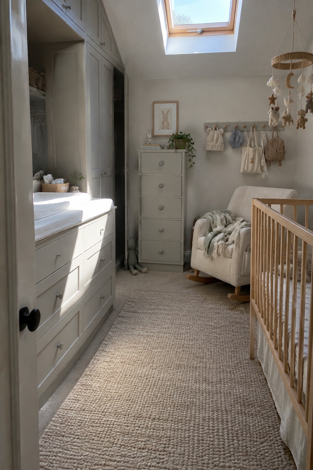 A nursery room with built-in light gray wardrobes on the left, a tall chest of drawers, a rocking chair, and a wooden crib on the right.