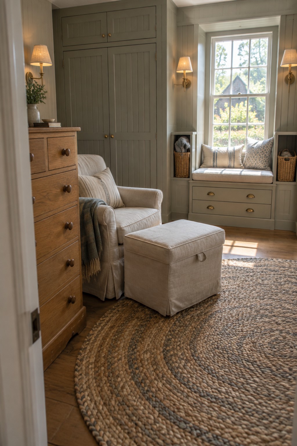 A bedroom interior with sage green built-in wardrobes, a wooden chest of drawers on the left, an upholstered ottoman in front of an armchair, and a window seat with three drawers beneath a large window.
