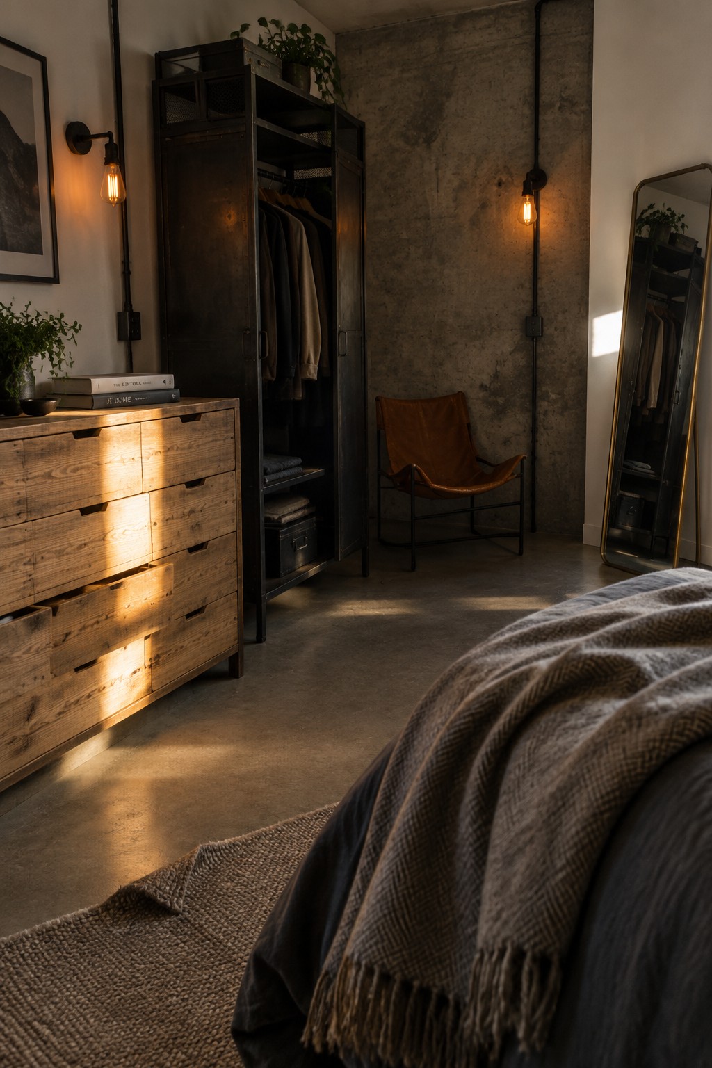 Industrial bedroom with wooden dresser, open metal wardrobe, brown leather chair, and concrete walls