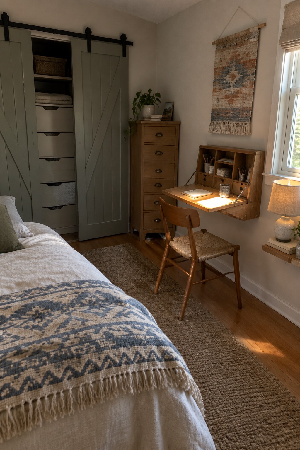 Cozy bedroom with bed, blue patterned blanket, sage barn doors, and wooden wall desk