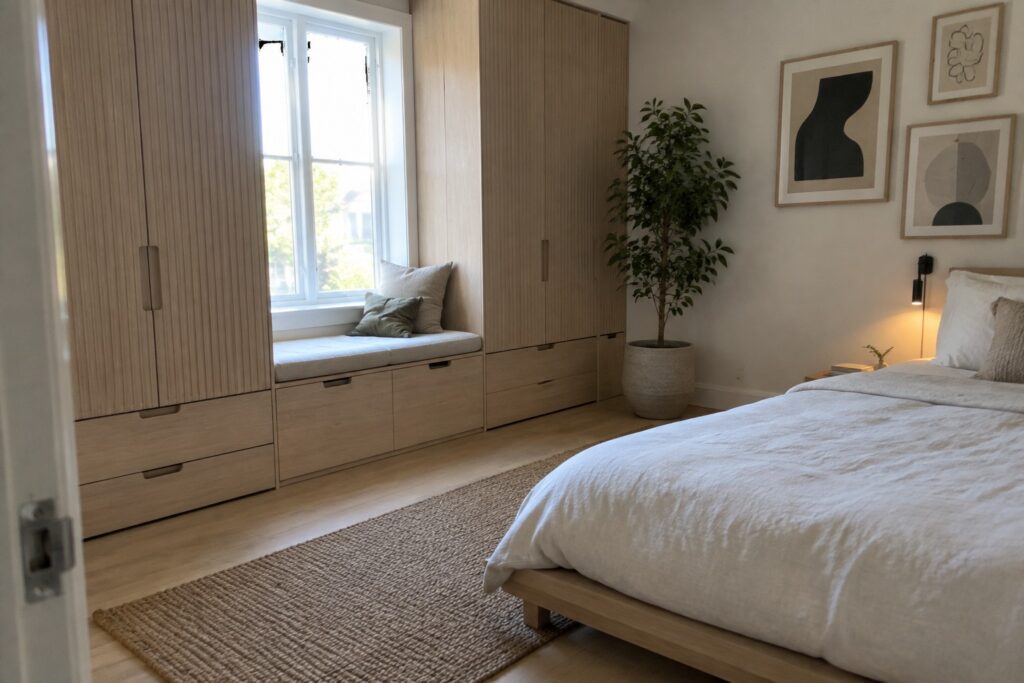 20 Bedroom Storage Furniture Ideas Built Around Wardrobes and Drawers Minimalist bedroom with light oak built-ins, window seat, white platform bed, and jute rug