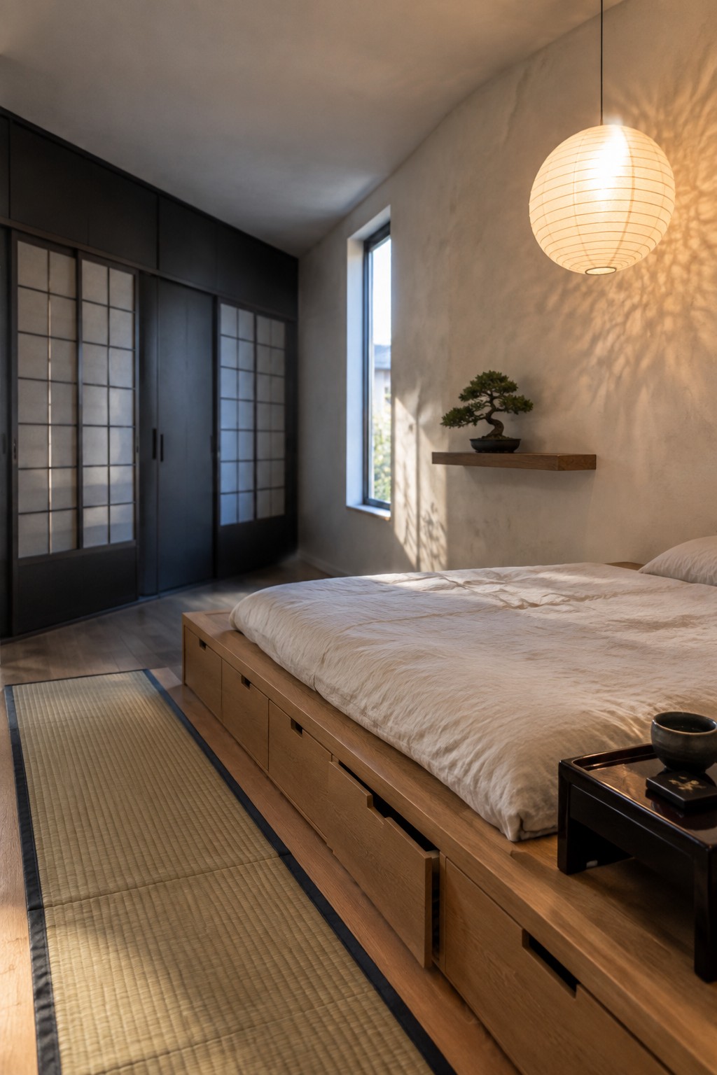 Minimalist Japanese bedroom with low wooden bed, tatami mats, shoji doors, and bonsai.
