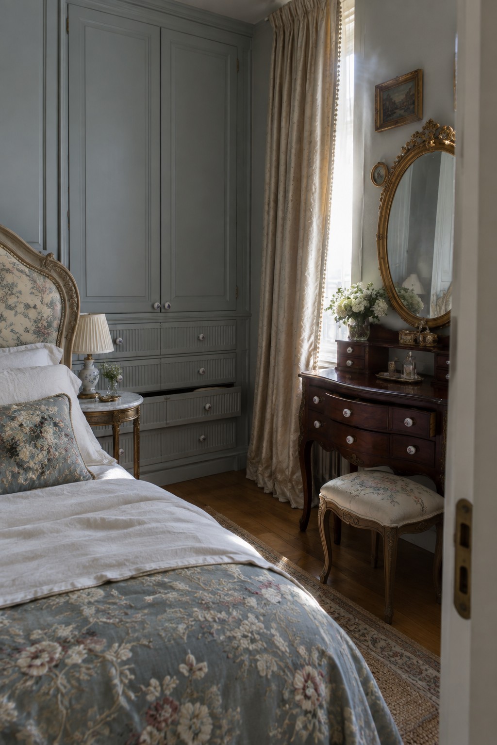A bedroom with a tall gray wardrobe featuring lower drawers, a patterned bed, a dark wood vanity with mirror and stool, and a window with beige curtains.