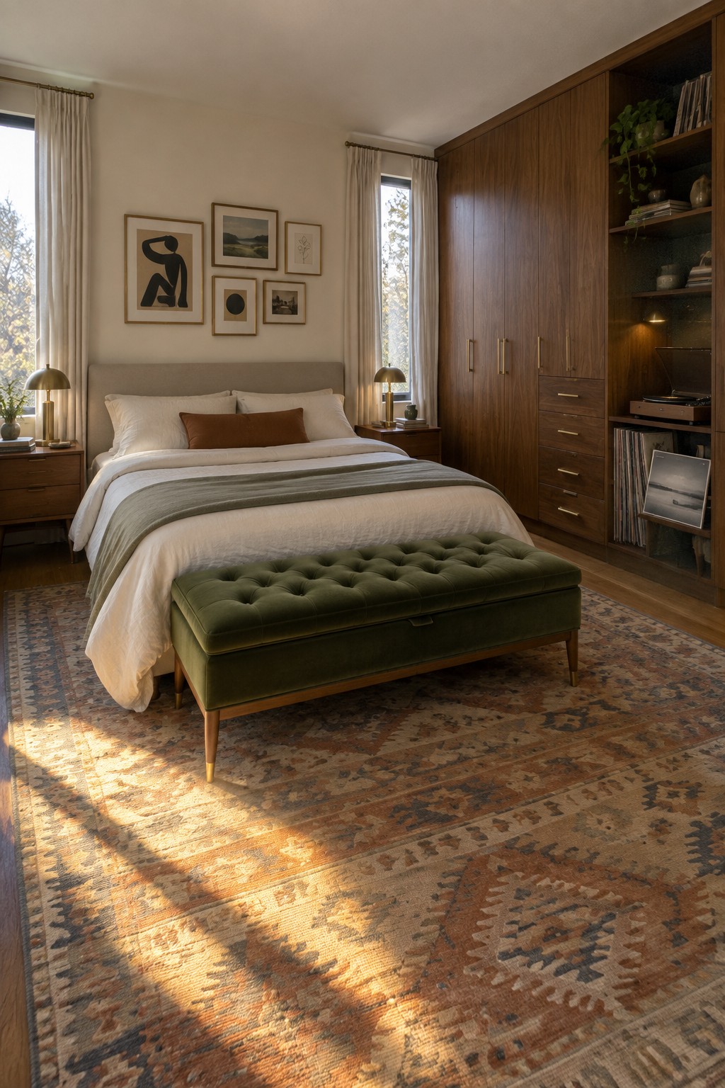A bedroom featuring a tall wooden wardrobe with multiple doors, lower drawers, and open shelving filled with books and a record player, alongside a bed and green bench on a patterned rug.