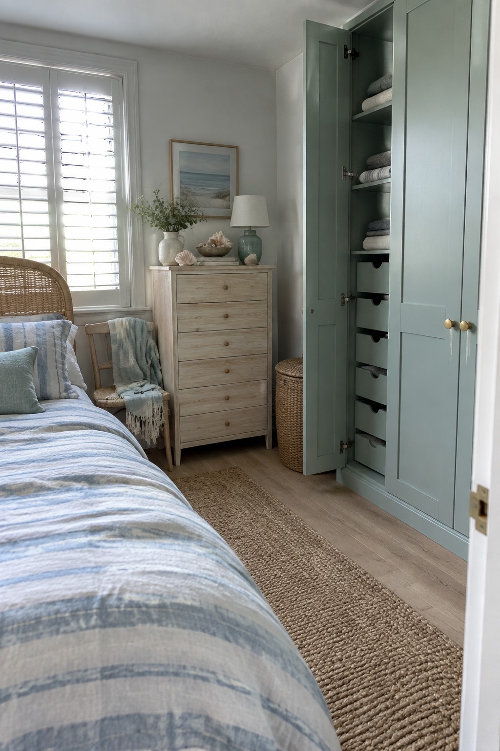 A bedroom interior showing a light wood five-drawer dresser beside an open sage green wardrobe with internal shelves and drawers, next to a bed with blue striped bedding.