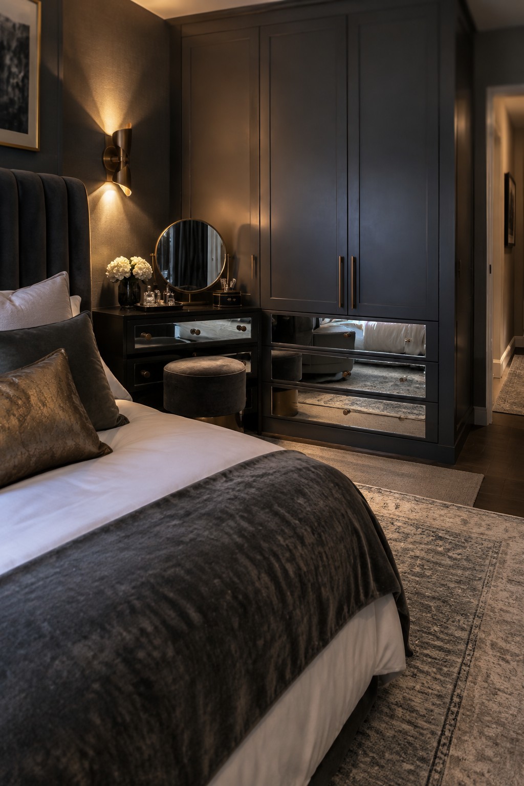 Elegant dark bedroom with navy wardrobe, mirrored drawers, white bedding, and gray throw.