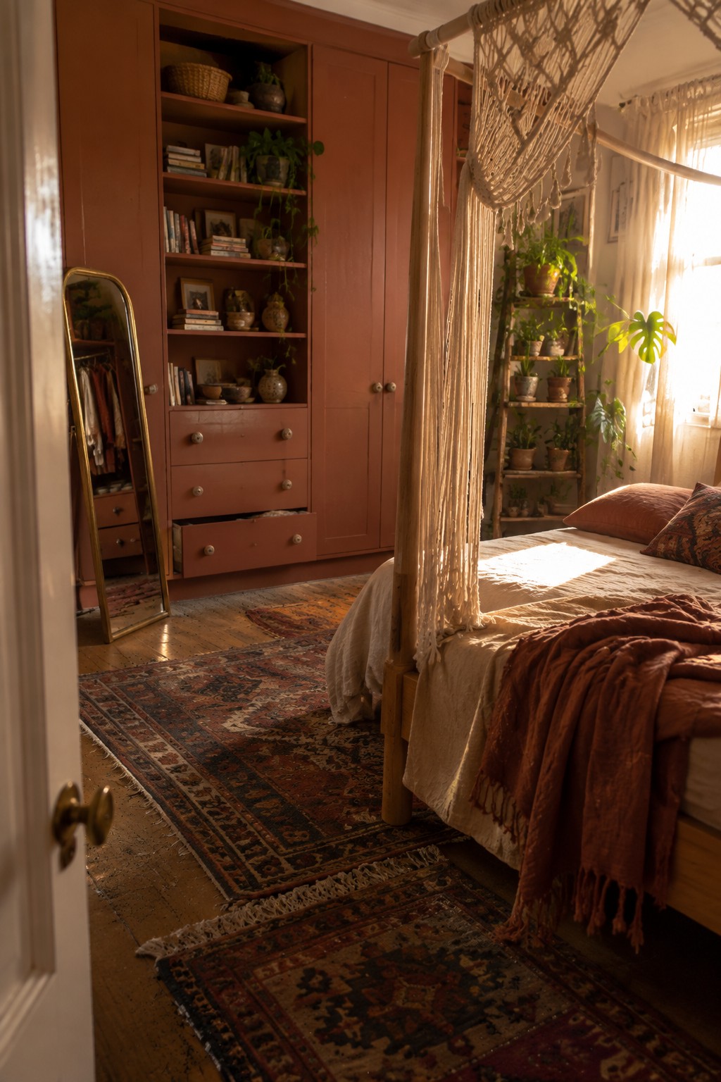 Cozy terracotta bedroom with wooden canopy bed, macrame hanging, layered rugs, and houseplants.