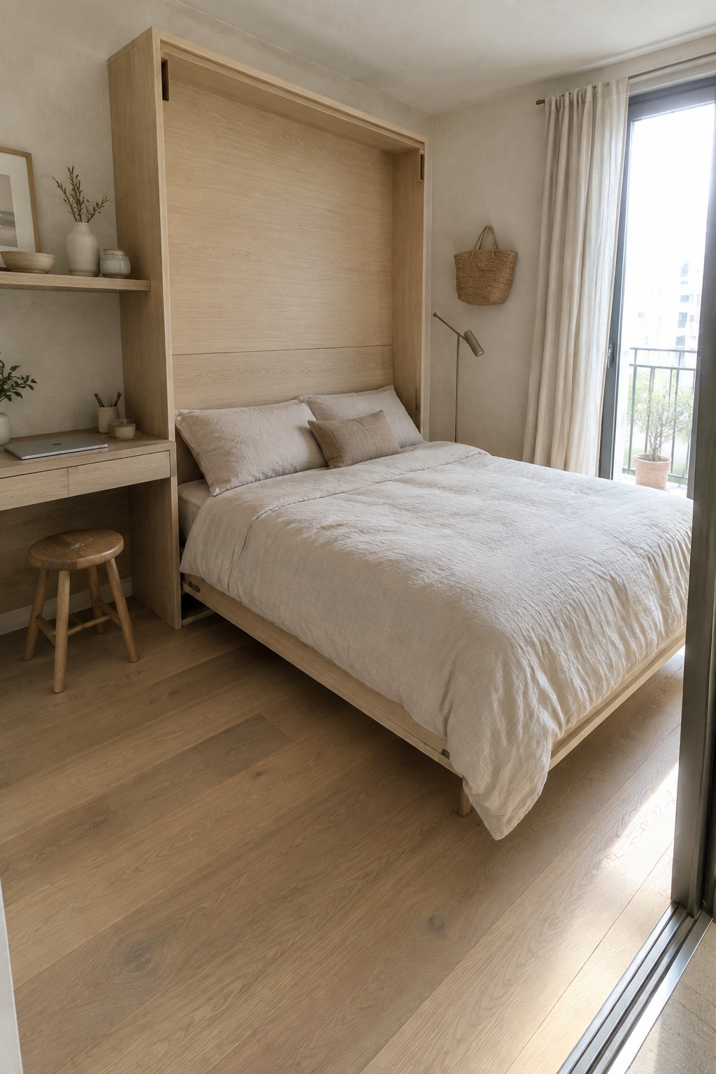 A light wood bedroom with a built-in wall bed unit, integrated desk and stool, and a large window with sheer curtains.