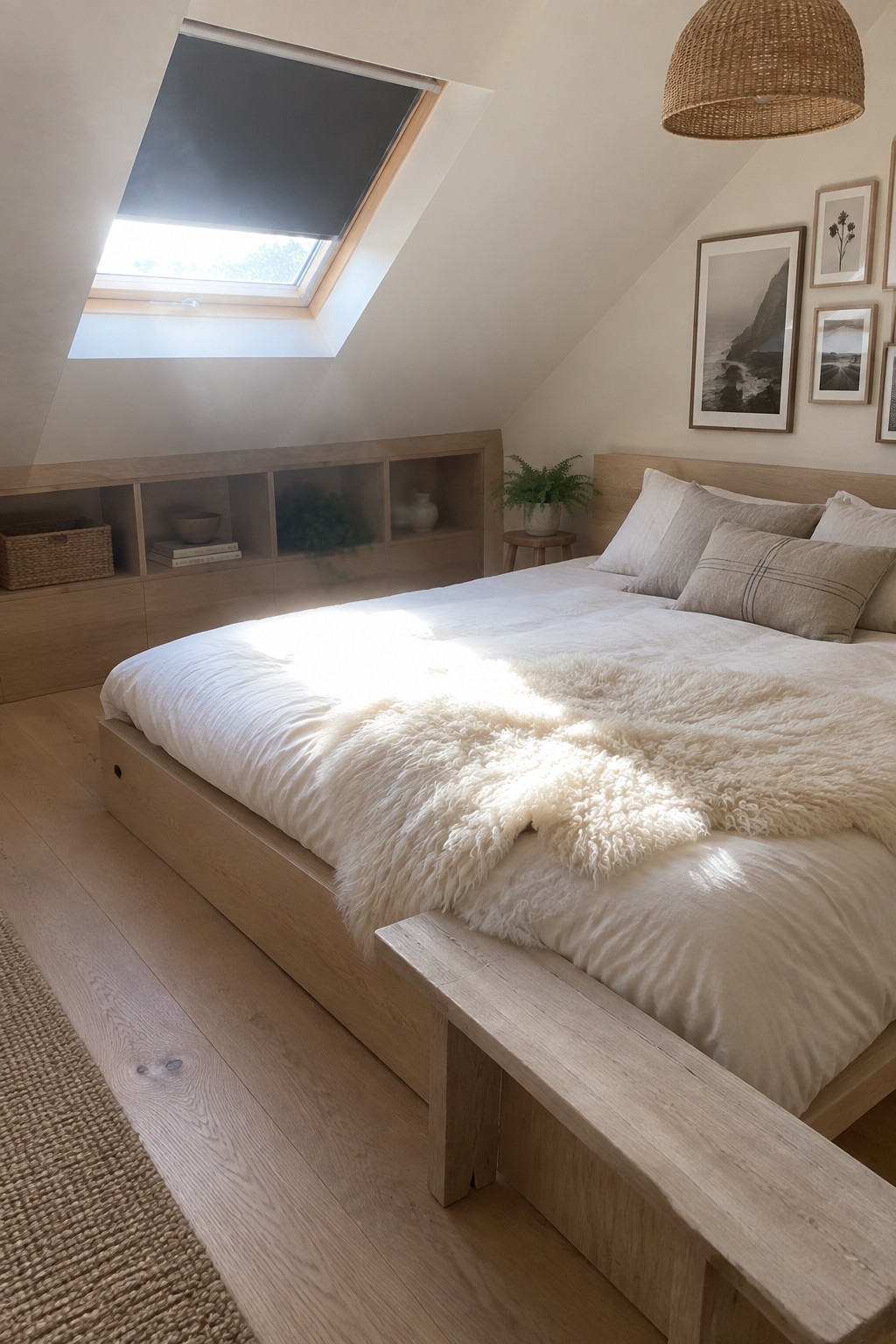Sunlit attic bedroom with wooden bed, white linens, sheepskin throw, and skylight