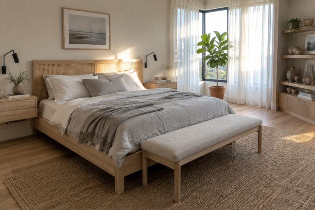 20 Light Wood Bedroom Furniture Ideas for Airy Modern Rooms A bright bedroom with light wood bed frame, matching bench, white bedding, and neutral textiles on a woven rug.