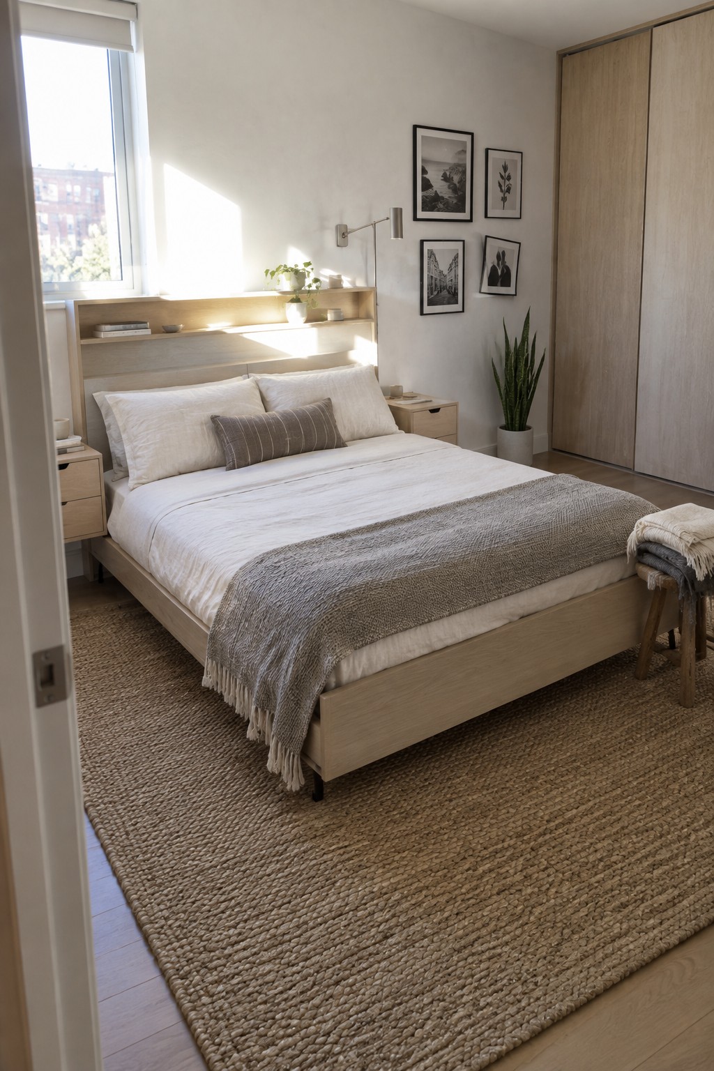 A bedroom with a light wood bed frame, white bedding, built-in headboard shelf, and woven rug on the floor.