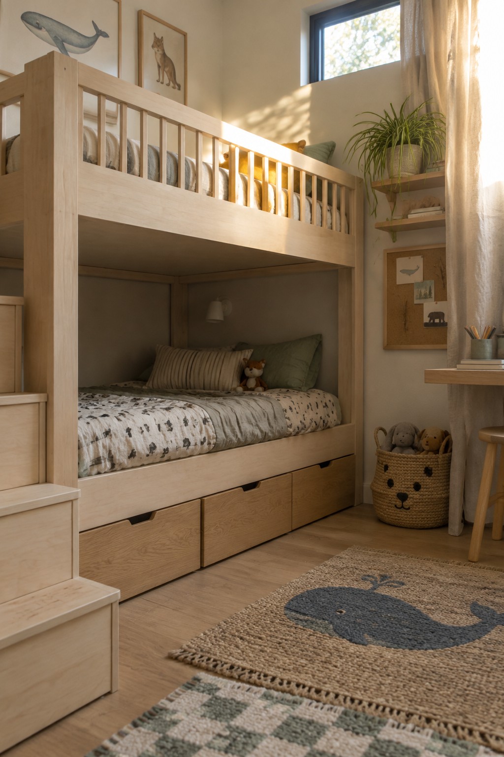 A light wood bunk bed with storage drawers below the lower mattress and stairs on the left side, shown in a child's bedroom with patterned bedding and a woven whale rug on the floor.