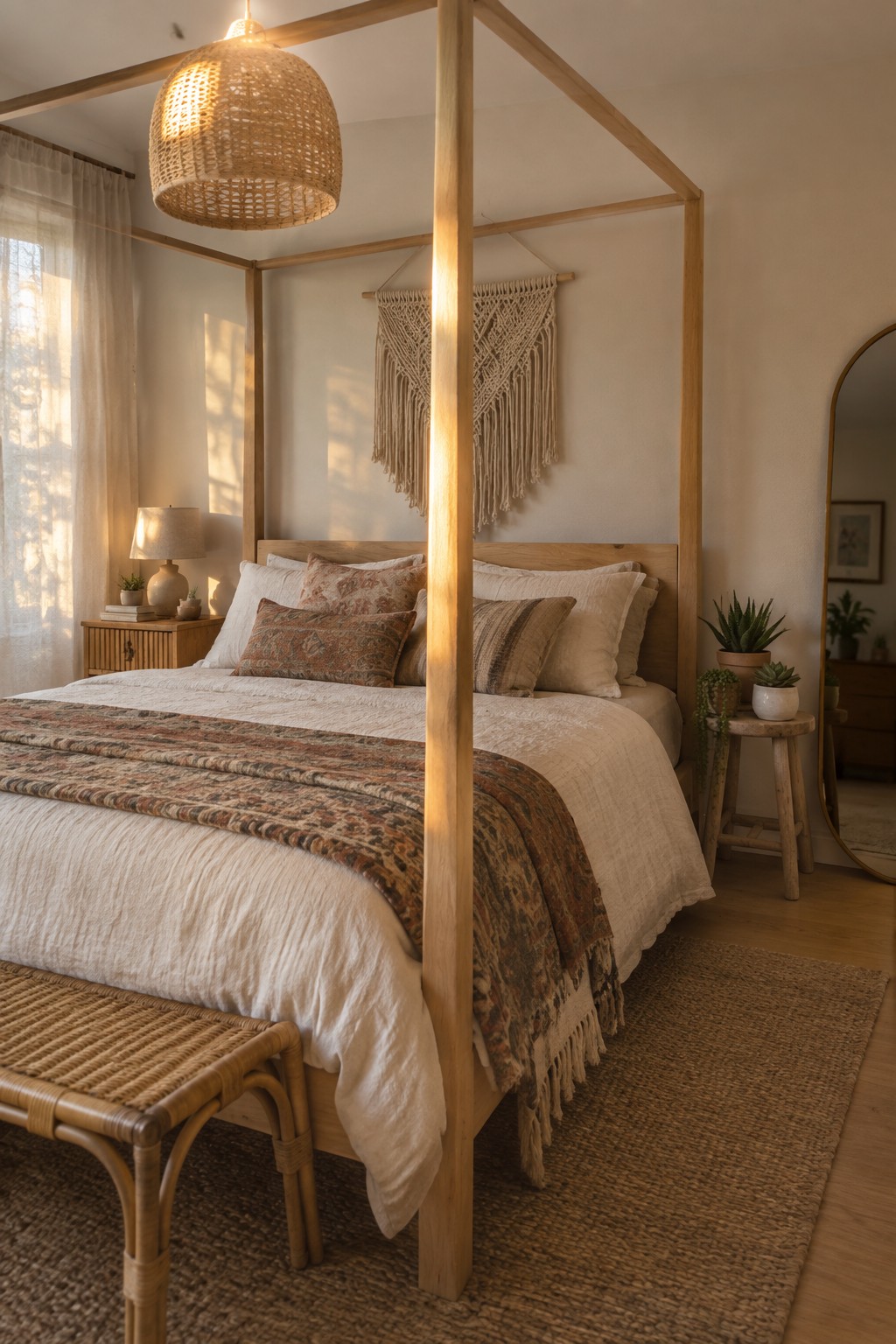 Cozy wooden canopy bed with white linens, patterned throw, and macrame decor in sunlit room
