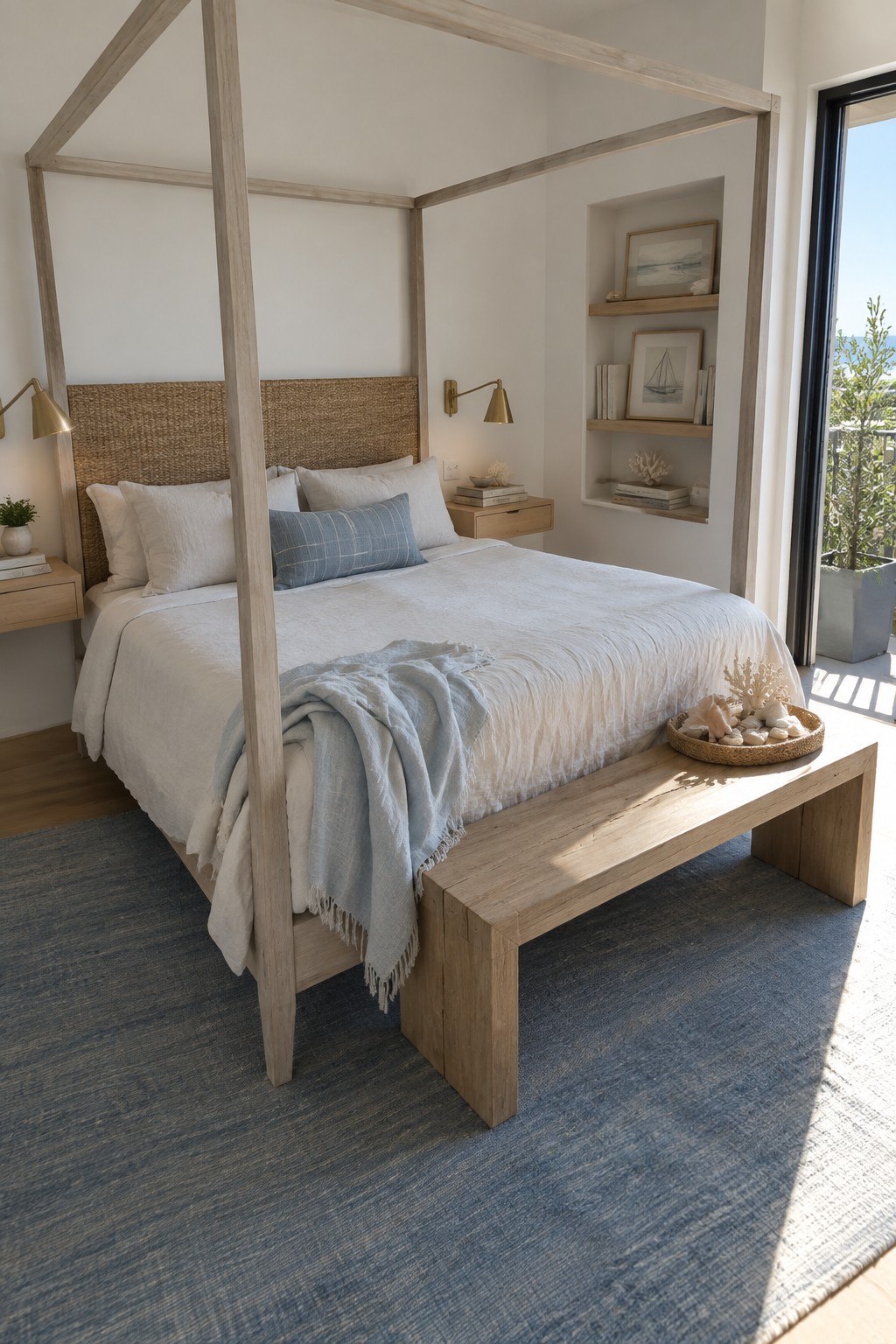 A light wood canopy bed with a woven headboard, white linens, and a matching bench at the foot sits on a blue rug in a bright bedroom.