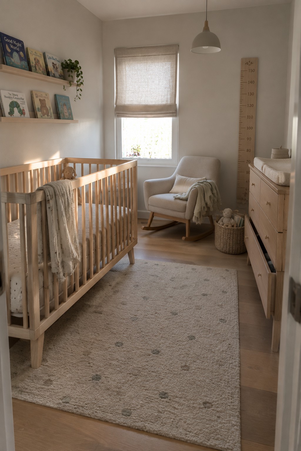 A bright nursery featuring a light wood crib with bedding, a matching rocking chair, a wooden dresser with changing pad, a growth chart on the wall, and a large textured rug on the floor.