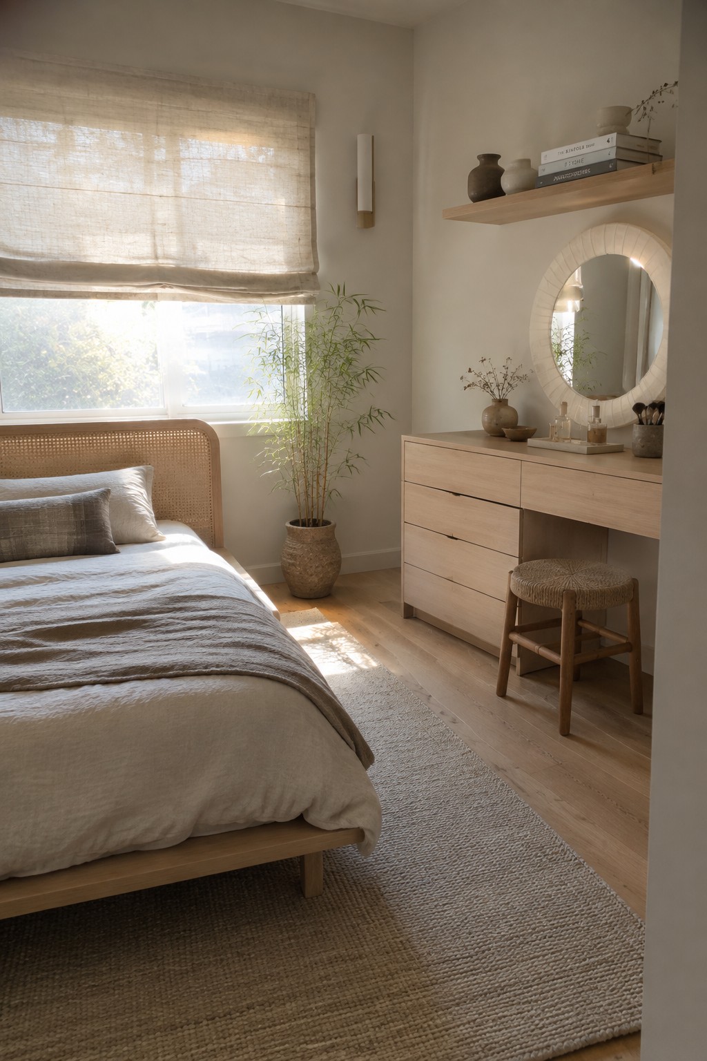 A bedroom featuring a light wood bed frame with cane headboard, matching dresser, round mirror, woven stool, and neutral linens on a light wood floor with a large rug.