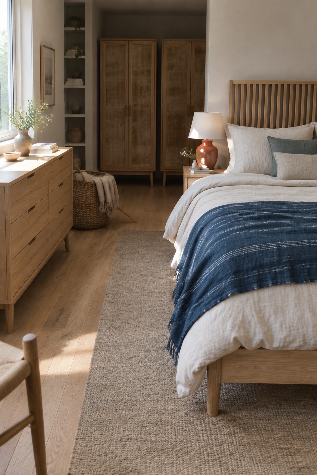 A bedroom featuring light wood furniture including a bed with vertical slat headboard, matching dresser, and tall wardrobes with woven cane doors, set on a large woven rug with white and blue bedding.