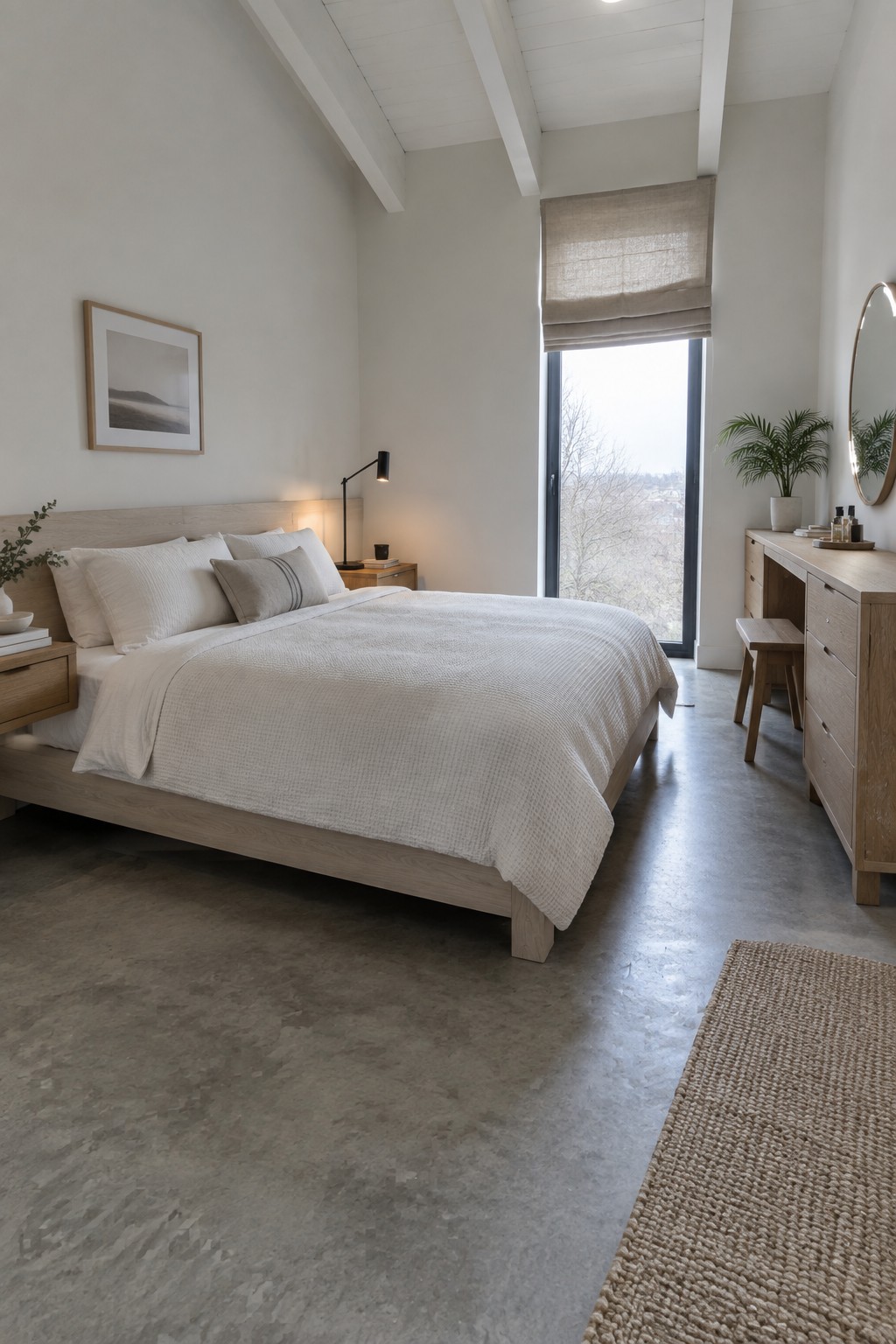 Minimalist bedroom with light wood bed, white bedding, concrete floor, and tall window.