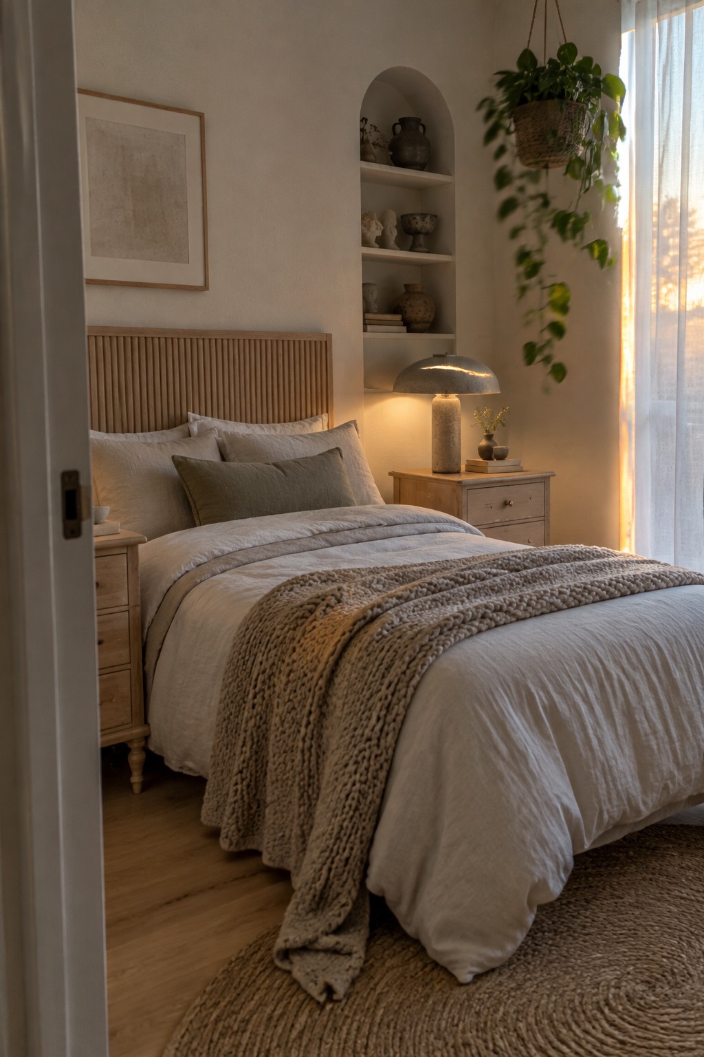 A bedroom with a light wood bed frame and headboard, neutral bedding, a chunky knit throw, and a matching nightstand next to built-in arched shelves.